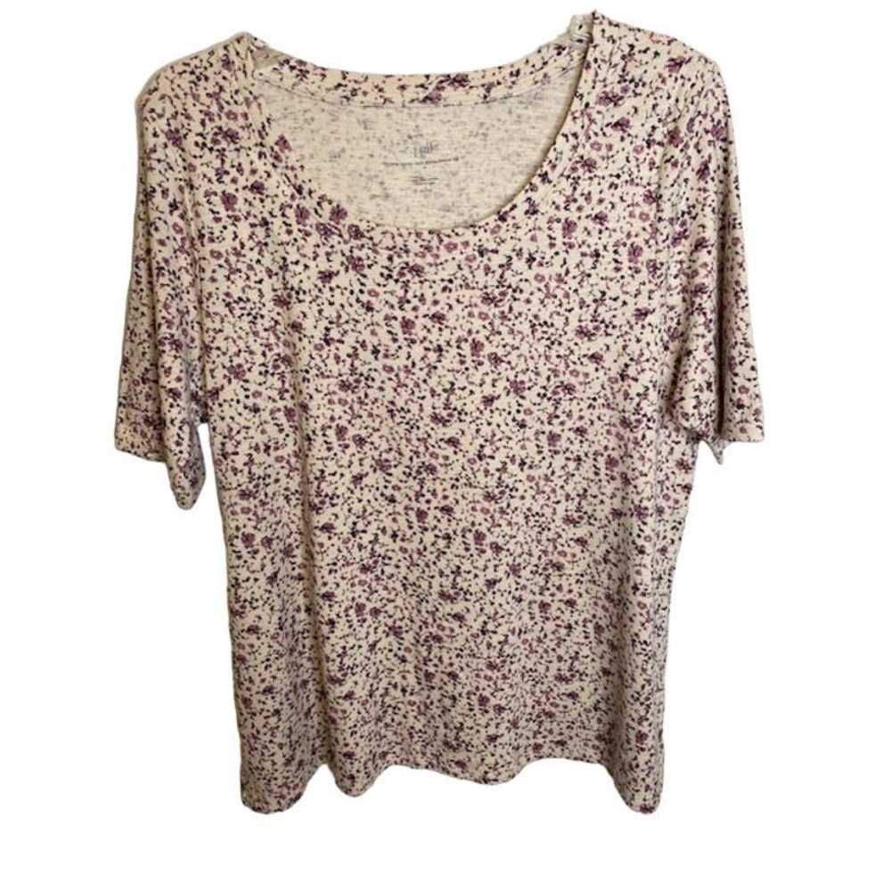 J. Jill Pina Cotton Scoop-Neck Elbow Sleeve Floral Tee Sz Large Petite